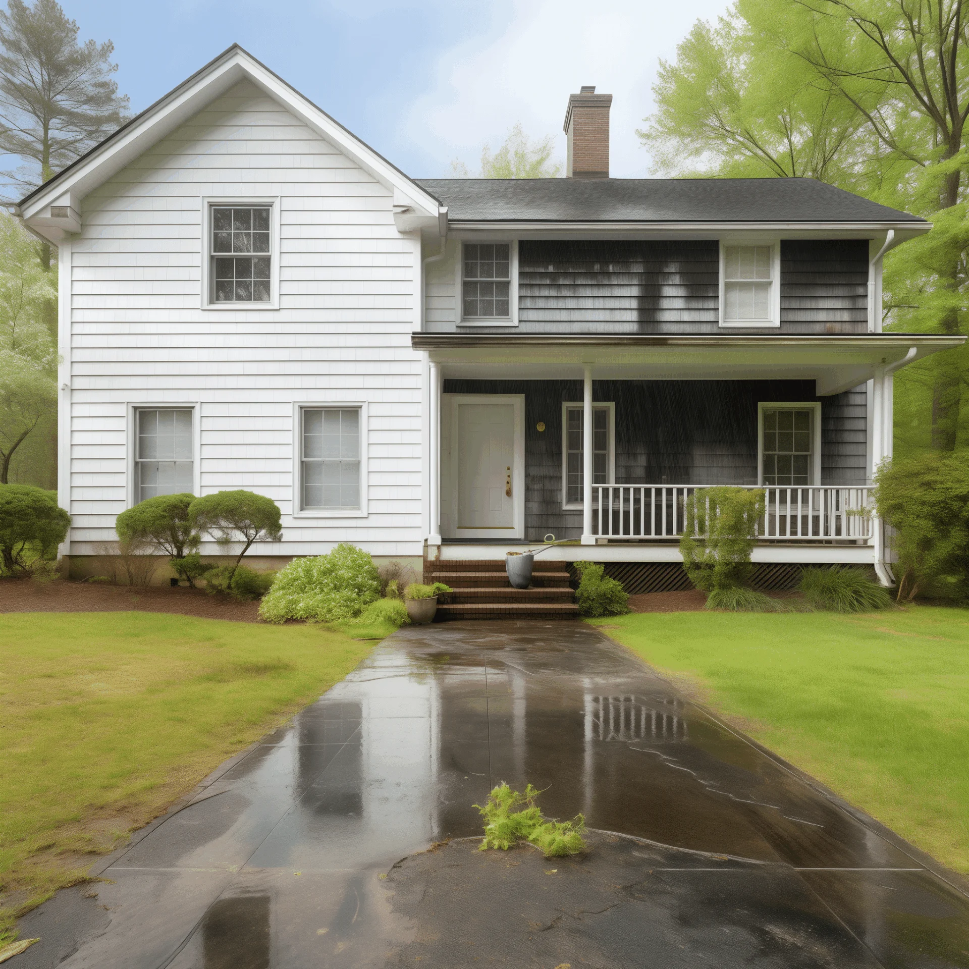 White siding house with dark shingles and a porch.
