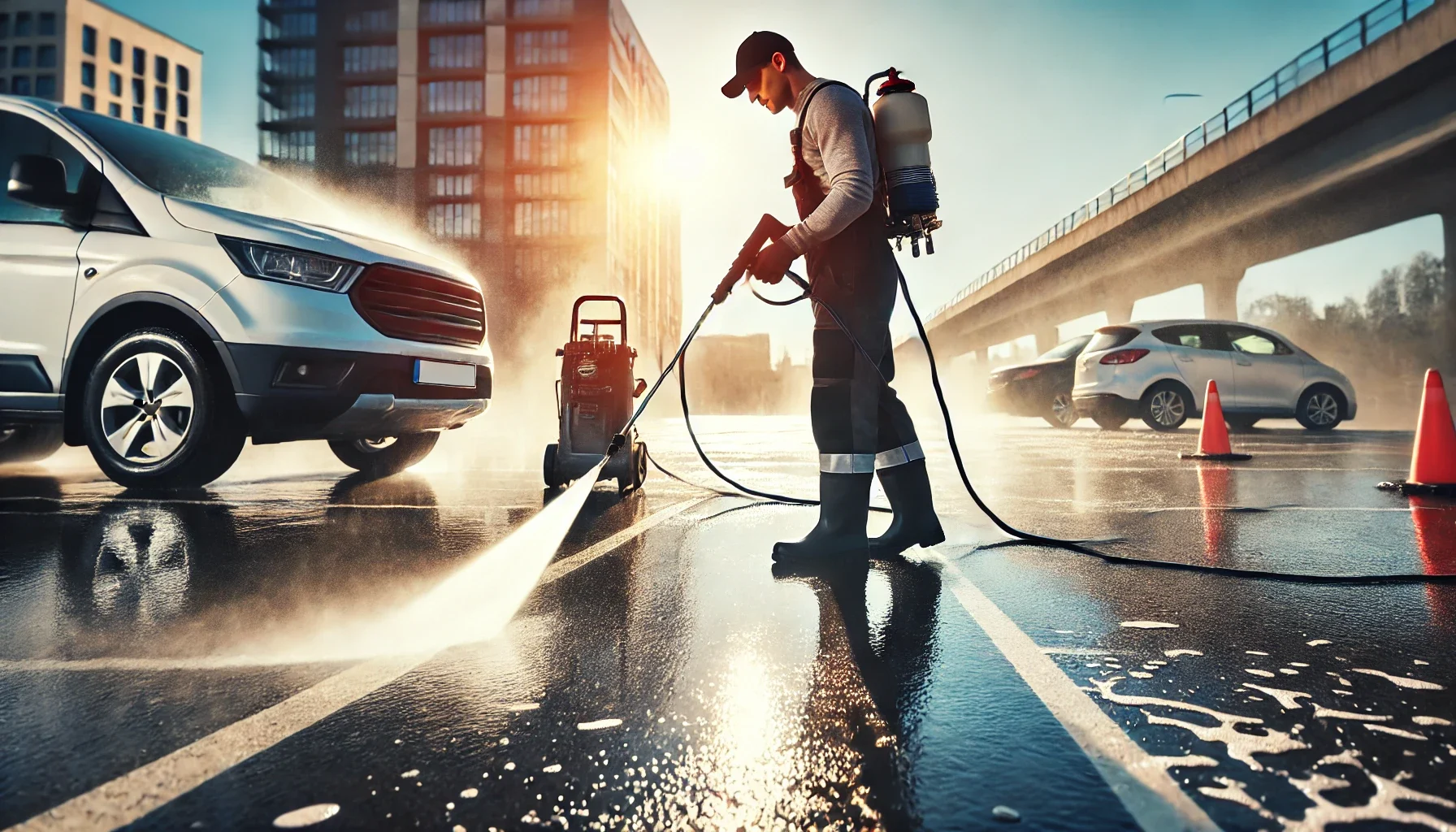Pressure washing a parking lot to reduce slip and fall hazards.