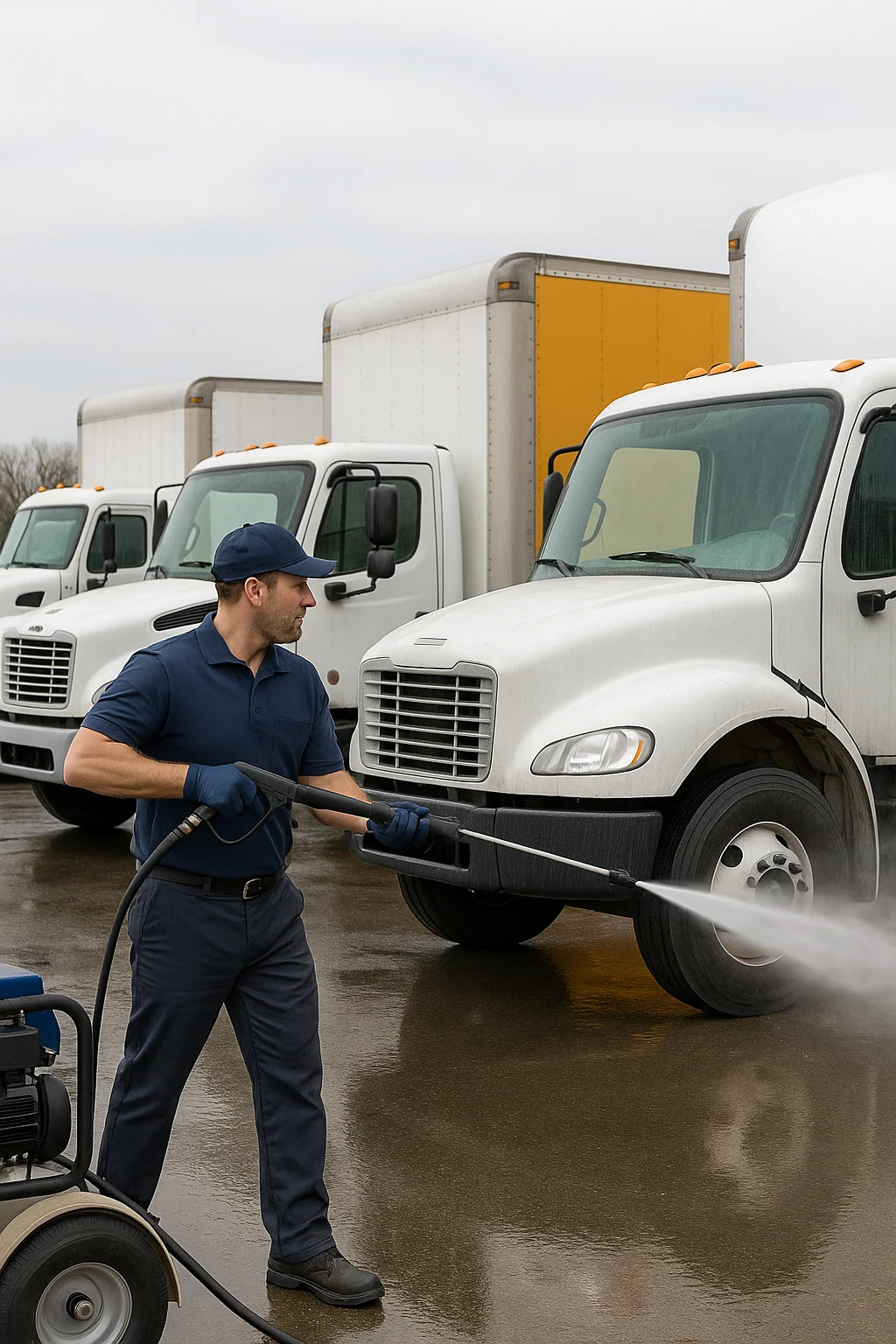 Professional fleet cleaning with pressure washing for trucks.